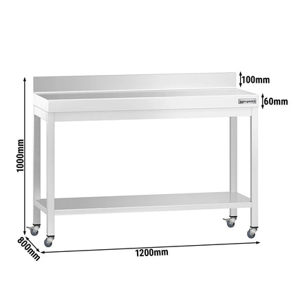 GGM Gastro Commercial Stainless Steel Table with Upstand PREMIUM - 1200x800mm - with Undershelf - with Wheels - with Rear Upstand