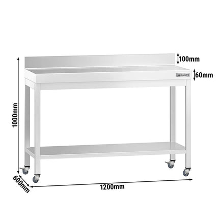 GGM Gastro Commercial Stainless Steel Table with Upstand PREMIUM - 1200x600mm - with Undershelf - with Rear Upstand - with Cross Bracing