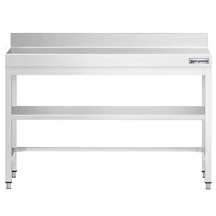 GGM Gastro Commercial Stainless Steel Table with Upstand PREMIUM - 1200x600mm - with Undershelf - with Rear Upstand - with Additional Undershelf (mid-shelf) - with Cross Bracing