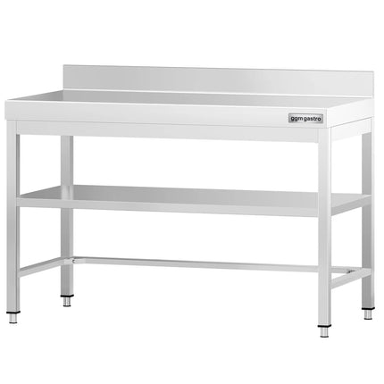 GGM Gastro Commercial Stainless Steel Table with Upstand PREMIUM - 1200x800mm - with Undershelf - with Rear Upstand - with Cross Bracing
