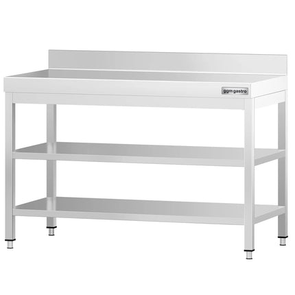 GGM Gastro Commercial Stainless Steel Table with Upstand PREMIUM - 1200x600mm - with Undershelf - with Additional Undershelf (mid-shelf)