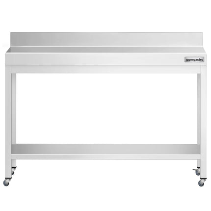 GGM Gastro Commercial Stainless Steel Table with Upstand PREMIUM - 1200x800mm - with Undershelf - with Wheels - with Rear Upstand
