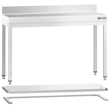 GGM Gastro Commercial Stainless Steel Table with Upstand PREMIUM - 1200x700mm - with Undershelf - with Rear Upstand - with Cross Bracing