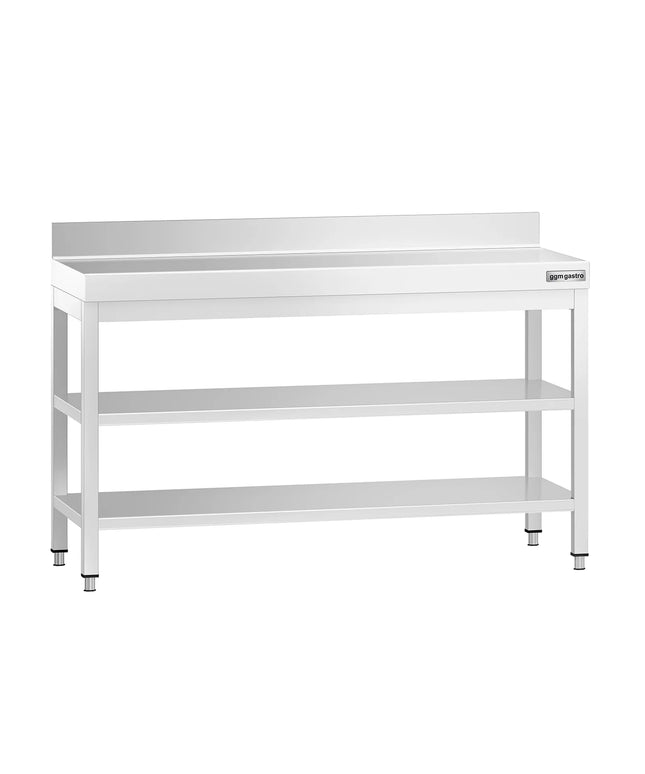 GGM Gastro Commercial Stainless Steel Table with Upstand PREMIUM - 1400x700mm - with Undershelf - with Rear Upstand - with Additional Undershelf (mid-shelf)