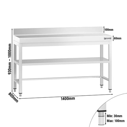 GGM Gastro Commercial Stainless Steel Table with Upstand PREMIUM - 1400x800mm - with Undershelf - with Rear Upstand - with Cross Bracing
