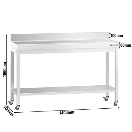 GGM Gastro Commercial Stainless Steel Table with Upstand PREMIUM - 1400x700mm - with Undershelf - with Rear Upstand - with Cross Bracing