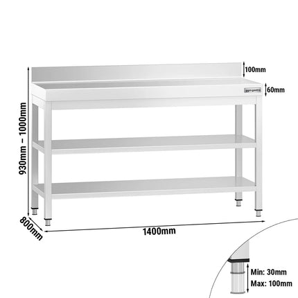 GGM Gastro Commercial Stainless Steel Table with Upstand PREMIUM - 1400x800mm - with Undershelf - with Rear Upstand - with Additional Undershelf (mid-shelf)