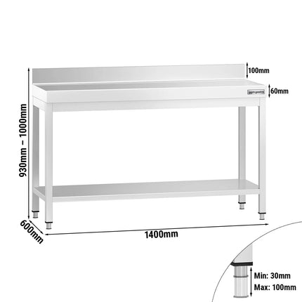 GGM Gastro Commercial Stainless Steel Table with Upstand PREMIUM - 1400x600mm - with Undershelf - with Rear Upstand - with Cross Bracing