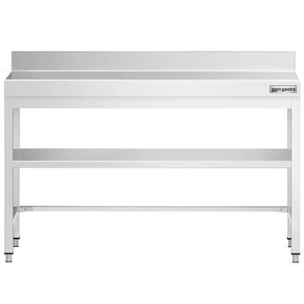 GGM Gastro Commercial Stainless Steel Table with Upstand PREMIUM - 1400x800mm - with Undershelf - with Rear Upstand - with Cross Bracing