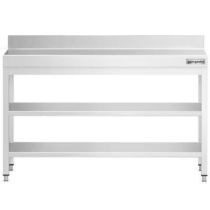 GGM Gastro Commercial Stainless Steel Table with Upstand PREMIUM - 1400x600mm - with Undershelf - with Rear Upstand - with 2 Undershelves - with Additional Undershelf (mid-shelf)