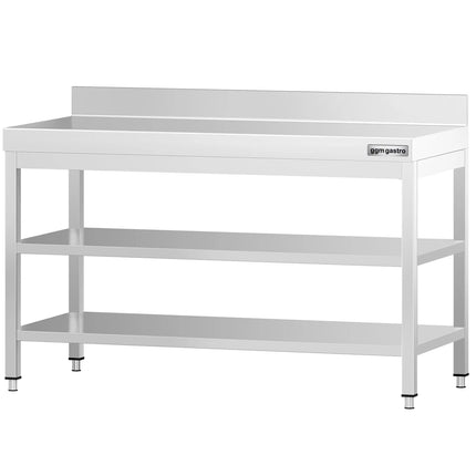 GGM Gastro Commercial Stainless Steel Table with Upstand PREMIUM - 1400x600mm - with Undershelf - with Rear Upstand - with 2 Undershelves - with Additional Undershelf (mid-shelf)