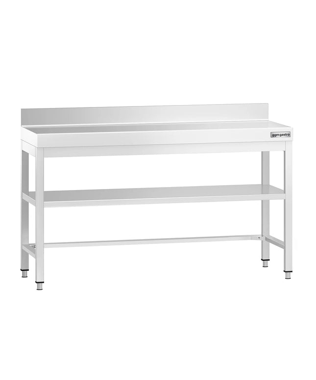GGM Gastro Commercial Stainless Steel Table with Upstand PREMIUM - 1500x600mm - with Undershelf - with Rear Upstand - with Additional Undershelf (mid-shelf) - with Cross Bracing