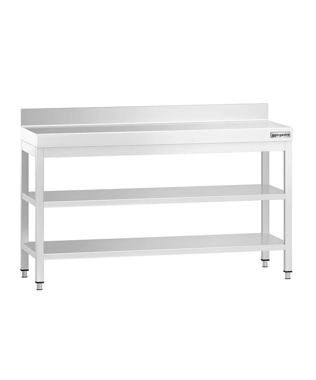 GGM Gastro Commercial Stainless Steel Table with Upstand PREMIUM - 1500x600mm - with Undershelf - with Rear Upstand - with 2 Undershelves - with Cross Bracing