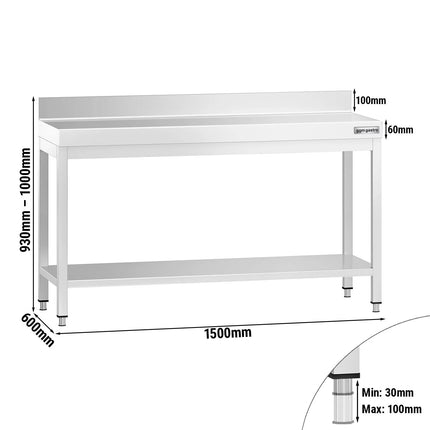 GGM Gastro Commercial Stainless Steel Table with Upstand PREMIUM - 1500x600mm - with Undershelf - with Rear Upstand