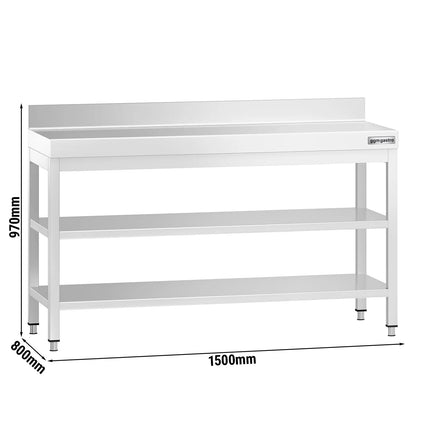 GGM Gastro Commercial Stainless Steel Table with Upstand PREMIUM - 1500x800mm - with Undershelf - with Rear Upstand - with 2 Undershelves