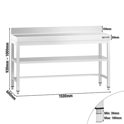 GGM Gastro Commercial Stainless Steel Table with Upstand PREMIUM - 1500x600mm - with Undershelf - with Rear Upstand - with Additional Undershelf (mid-shelf) - with Cross Bracing