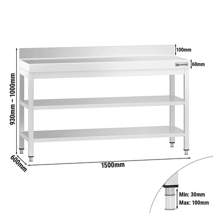 GGM Gastro Commercial Stainless Steel Table with Upstand PREMIUM - 1500x600mm - with Undershelf - with Rear Upstand - with 2 Undershelves - with Cross Bracing