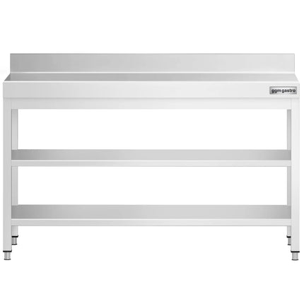 GGM Gastro Commercial Stainless Steel Table with Upstand PREMIUM - 1500x800mm - with Undershelf - with Rear Upstand - with 2 Undershelves