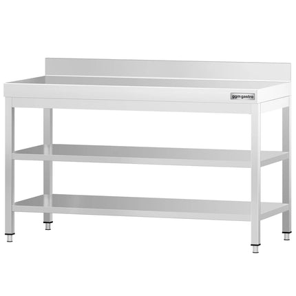 GGM Gastro Commercial Stainless Steel Table with Upstand PREMIUM - 1500x600mm - with Undershelf - with Rear Upstand - with 2 Undershelves - with Cross Bracing