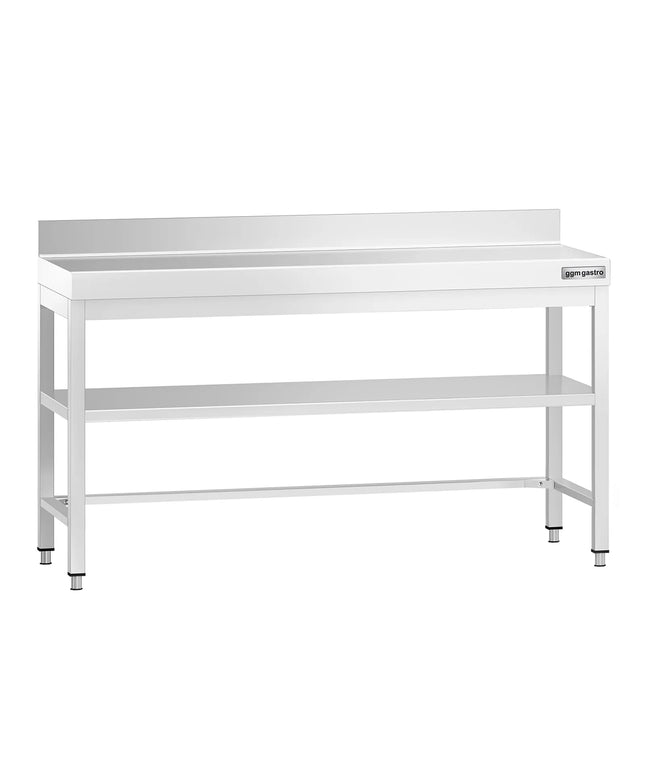 GGM Gastro Commercial Stainless Steel Table with Upstand PREMIUM - 1600x600mm - with Undershelf - with Rear Upstand - with Additional Undershelf (mid-shelf) - with Cross Bracing