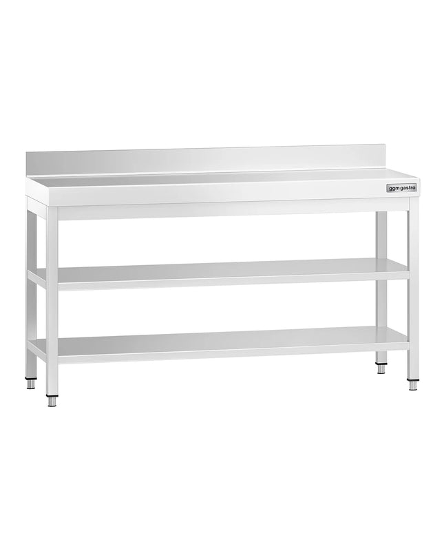 GGM Gastro Commercial Stainless Steel Table with Upstand PREMIUM - 1600x700mm - with Undershelf - with Rear Upstand - with 2 Undershelves