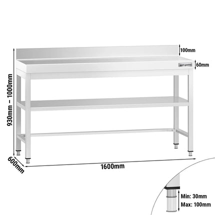 GGM Gastro Commercial Stainless Steel Table with Upstand PREMIUM - 1600x600mm - with Undershelf - with Rear Upstand - with Additional Undershelf (mid-shelf) - with Cross Bracing