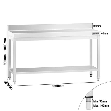 GGM Gastro Commercial Stainless Steel Table with Upstand PREMIUM - 1600x600mm - with Undershelf - with Rear Upstand