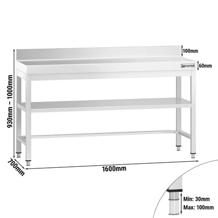 GGM Gastro Commercial Stainless Steel Table with Upstand PREMIUM - 1600x700mm - with Undershelf - with Rear Upstand - with Cross Bracing
