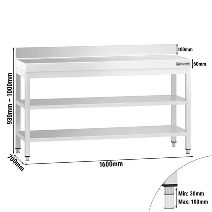 GGM Gastro Commercial Stainless Steel Table with Upstand PREMIUM - 1600x700mm - with Undershelf - with Rear Upstand - with 2 Undershelves