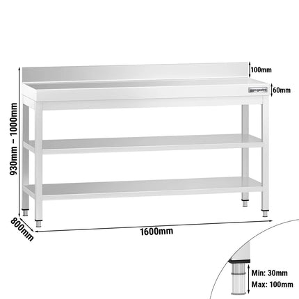 GGM Gastro Commercial Stainless Steel Table with Upstand PREMIUM - 1600x800mm - with Undershelf - with Rear Upstand - with 2 Undershelves - with Additional Undershelf (mid-shelf) - with Cross Bracing