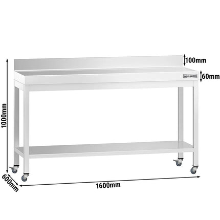 GGM Gastro Commercial Stainless Steel Table with Upstand PREMIUM - 1600x600mm - with Undershelf - with Rear Upstand - with Cross Bracing