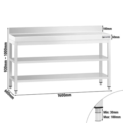 GGM Gastro Commercial Stainless Steel Table with Upstand PREMIUM - 1600x600mm - with Undershelf - with Rear Upstand - with 2 Undershelves - with Additional Undershelf (mid-shelf) - with Cross Bracing
