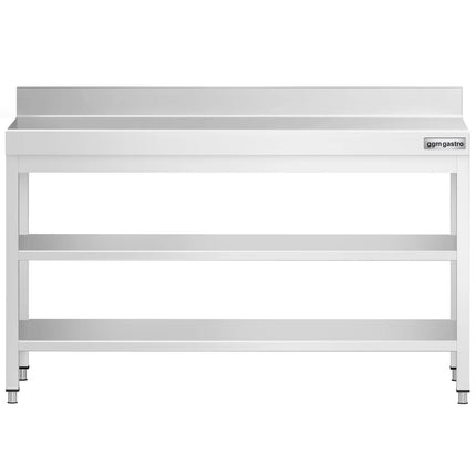 GGM Gastro Commercial Stainless Steel Table with Upstand PREMIUM - 1600x700mm - with Undershelf - with Rear Upstand - with 2 Undershelves