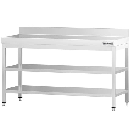 GGM Gastro Commercial Stainless Steel Table with Upstand PREMIUM - 1600x600mm - with Undershelf - with Rear Upstand - with 2 Undershelves - with Additional Undershelf (mid-shelf) - with Cross Bracing