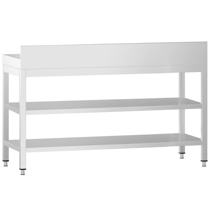 GGM Gastro Commercial Stainless Steel Table with Upstand PREMIUM - 1600x600mm - with Undershelf - with Rear Upstand - with 2 Undershelves - with Additional Undershelf (mid-shelf) - with Cross Bracing