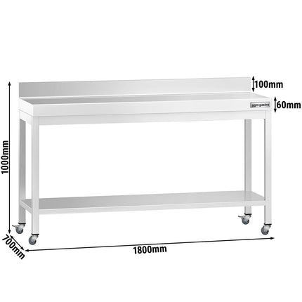GGM Gastro Commercial Stainless Steel Table with Upstand PREMIUM - 1800x700mm - with Undershelf - with Rear Upstand