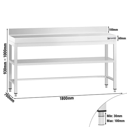 GGM Gastro Commercial Stainless Steel Table with Upstand PREMIUM - 1800x700mm - with Undershelf - with Rear Upstand - with Additional Undershelf (mid-shelf) - with Cross Bracing