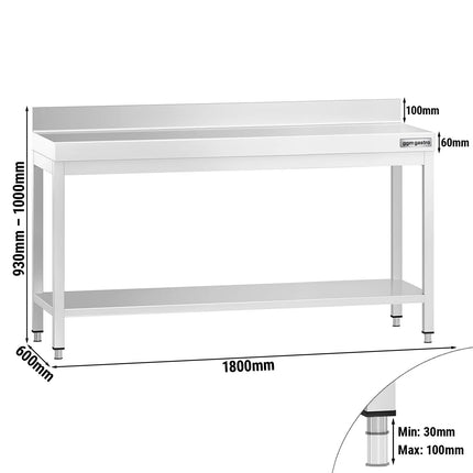 GGM Gastro Commercial Stainless Steel Table with Upstand PREMIUM - 1800x600mm - with Undershelf - with Rear Upstand - with Cross Bracing