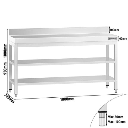 GGM Gastro Commercial Stainless Steel Table with Upstand PREMIUM - 1800x700mm - with Undershelf - with Additional Undershelf (mid-shelf)