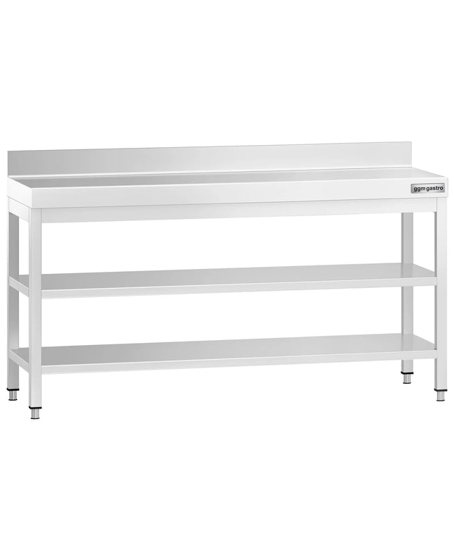 GGM Gastro Commercial Stainless Steel Table with Upstand PREMIUM - 2000x800mm - with Undershelf - with Rear Upstand - with 2 Undershelves - with Additional Undershelf (mid-shelf) - with Cross Bracing