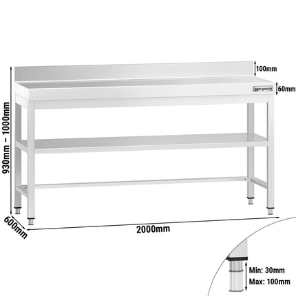 GGM Gastro Commercial Stainless Steel Table with Upstand PREMIUM - 2000x600mm - with Undershelf - with Rear Upstand - with Cross Bracing