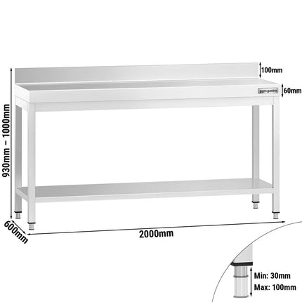 GGM Gastro Commercial Stainless Steel Table with Upstand PREMIUM - 2000x600mm - with Undershelf - with Rear Upstand - with Cross Bracing