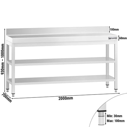 GGM Gastro Commercial Stainless Steel Table with Upstand PREMIUM - 2000x700mm - with Undershelf - with Rear Upstand - with 2 Undershelves - with Cross Bracing