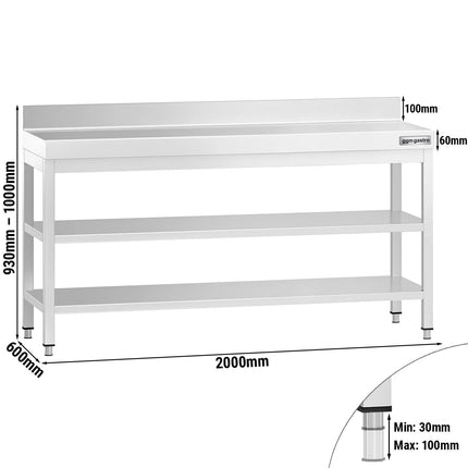 GGM Gastro Commercial Stainless Steel Table with Upstand PREMIUM - 2000x600mm - with Undershelf - with Rear Upstand - with 2 Undershelves - with Cross Bracing