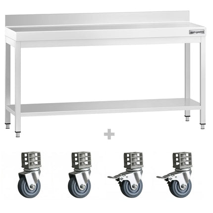 GGM Gastro Commercial Stainless Steel Table with Upstand PREMIUM - 2000x800mm - with Undershelf - with Rear Upstand - with Additional Undershelf (mid-shelf) - with Wheels