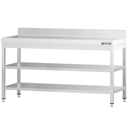 GGM Gastro Commercial Stainless Steel Table with Upstand PREMIUM - 2000x600mm - with Undershelf - with Rear Upstand - with 2 Undershelves - with Cross Bracing