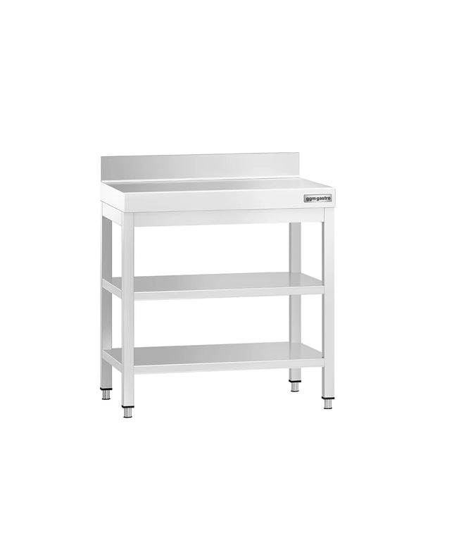 GGM Gastro Commercial Stainless Steel Table with Upstand PREMIUM - 600x600mm - with Undershelf - with Rear Upstand - with 2 Undershelves - with Cross Bracing