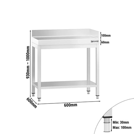 GGM Gastro Commercial Stainless Steel Table with Upstand PREMIUM - 600x600mm - with Undershelf - with Rear and Right-Hand Upstands - with Cross Bracing