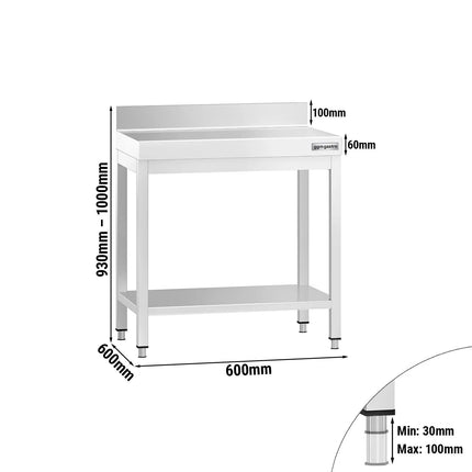 GGM Gastro Commercial Stainless Steel Table with Upstand PREMIUM - 600x600mm - with Undershelf - with Rear Upstand