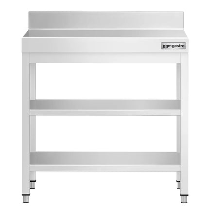 GGM Gastro Commercial Stainless Steel Table with Upstand PREMIUM - 600x600mm - with Undershelf - with Rear Upstand - with 2 Undershelves - with Cross Bracing